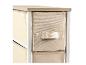 Beige stoffen opbergladen met een houten blad en metalen frame.