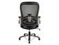 Un fauteuil de bureau noir avec un dossier en maille et des détails argentés.