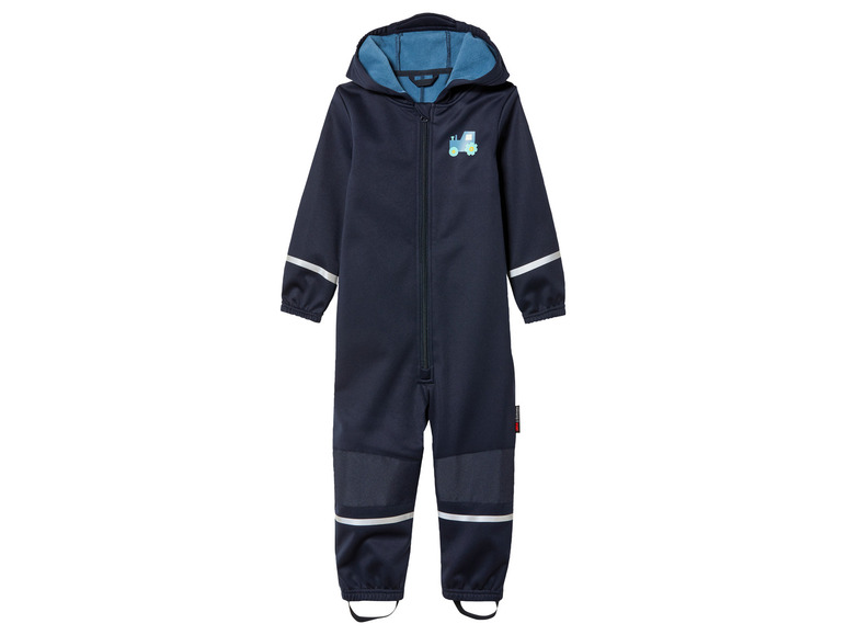 Une salopette de pluie bleu foncé à capuche pour enfants avec un imprimé de tracteur.