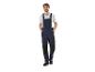 Lachende man in blauwe werkoveralls en wit T-shirt.