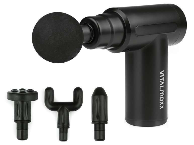 Un pistolet de massage Vitalmaxx noir avec quatre embouts différents.