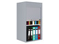 Armoire métallique grise avec volet roulant, remplie de dossiers et de livres.