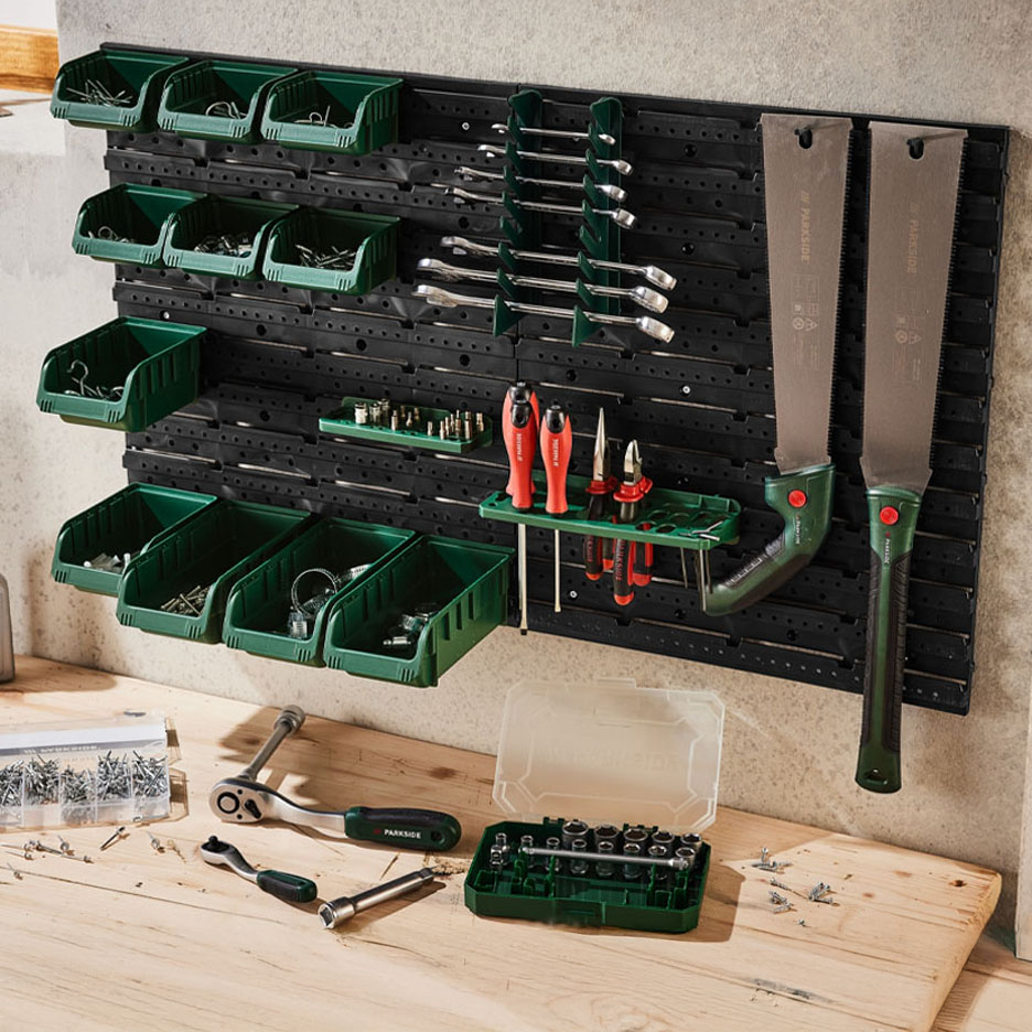 Parkside gereedschapsorganizer met bakken en gereedschap.