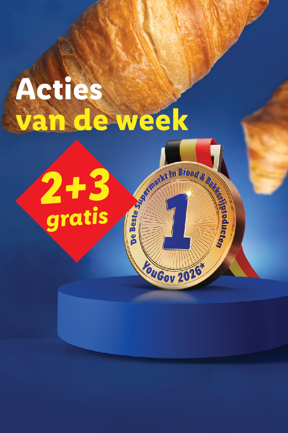 Promotie voor croissants met een 2+3 gratis aanbieding en een gouden medaille.