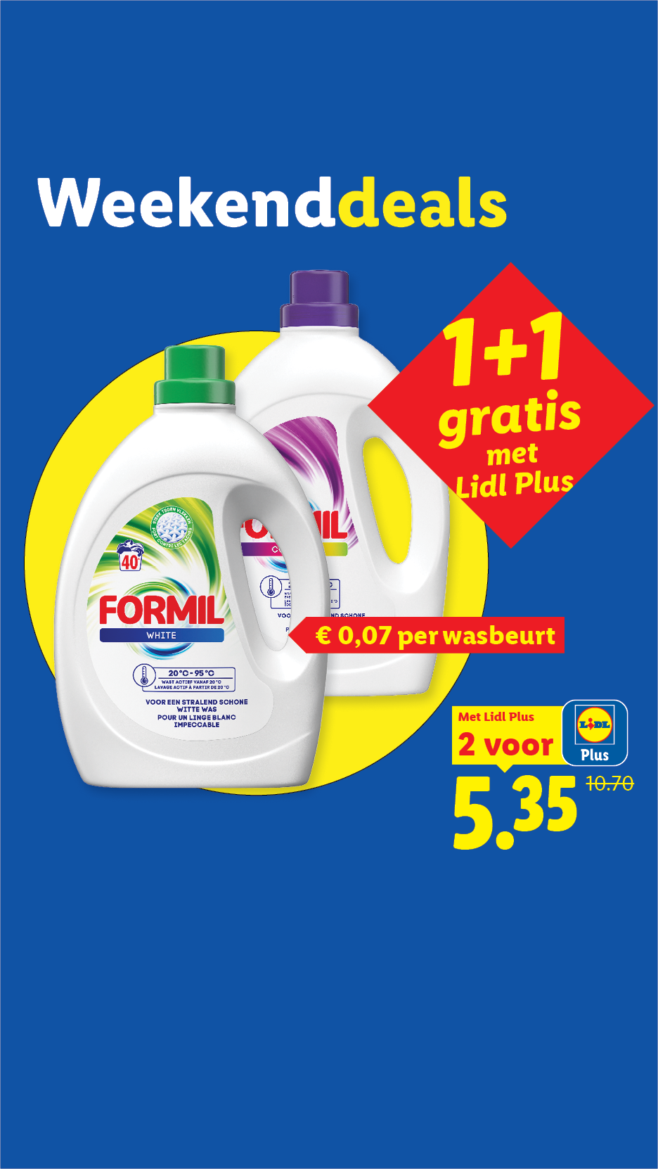 Twee flessen vloeibaar wasmiddel voor de witte was met een 1+1 gratis korting.
