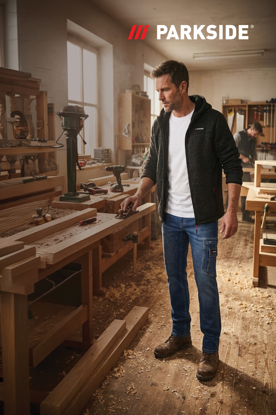 Een man in een zwart vest met capuchon en werkspijkerbroek schaaft hout in een werkplaats.