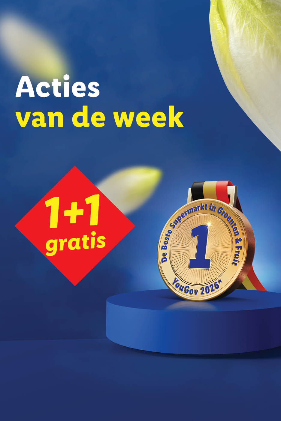 Promotieposter voor wekelijkse aanbiedingen met een 1+1 gratis actie en een gouden medaille.
