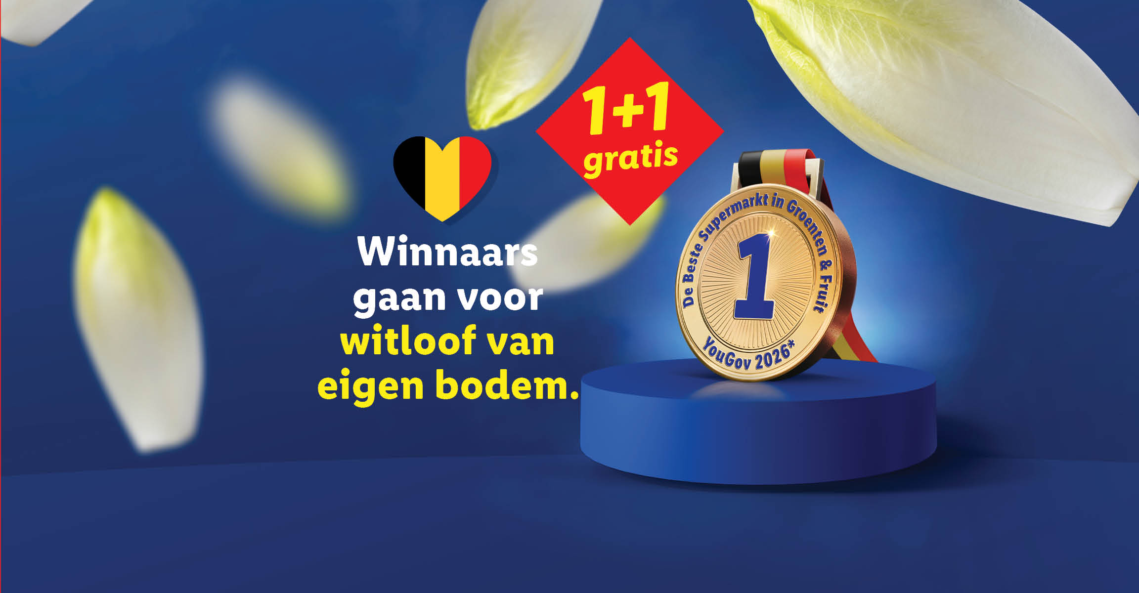 Promotie voor Belgisch witloof met een 1+1 gratis aanbieding.