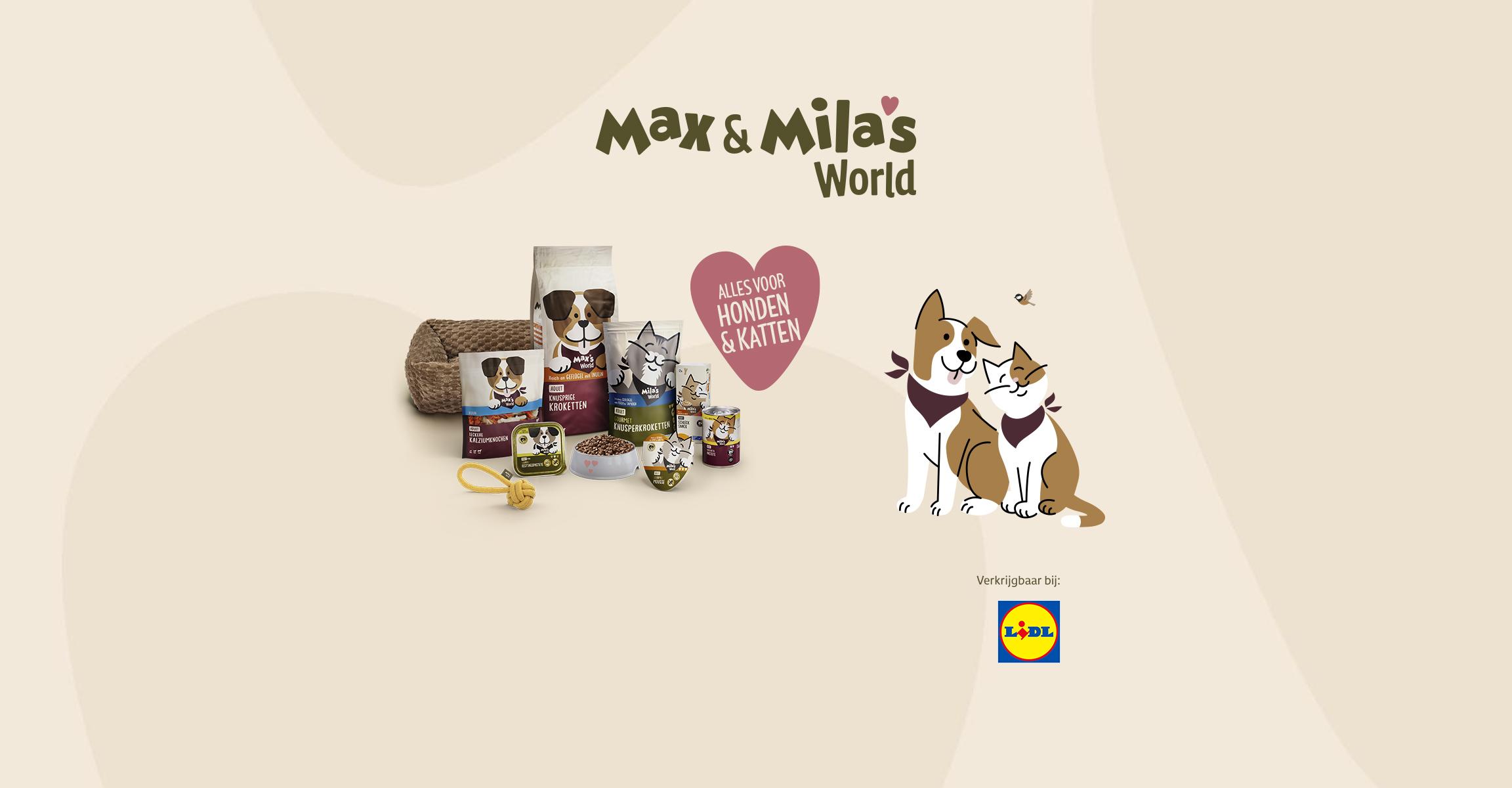 Assortiment honden- en kattenvoer en accessoires met getekende hond en kat.