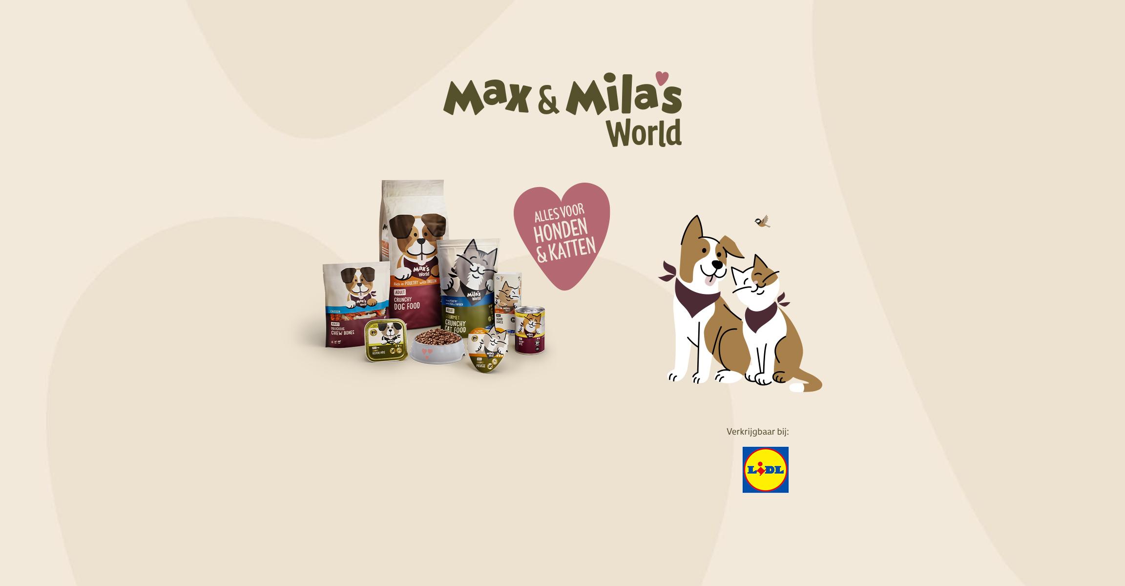 Assortiment honden- en kattenvoer met getekende huisdieren op een beige achtergrond.