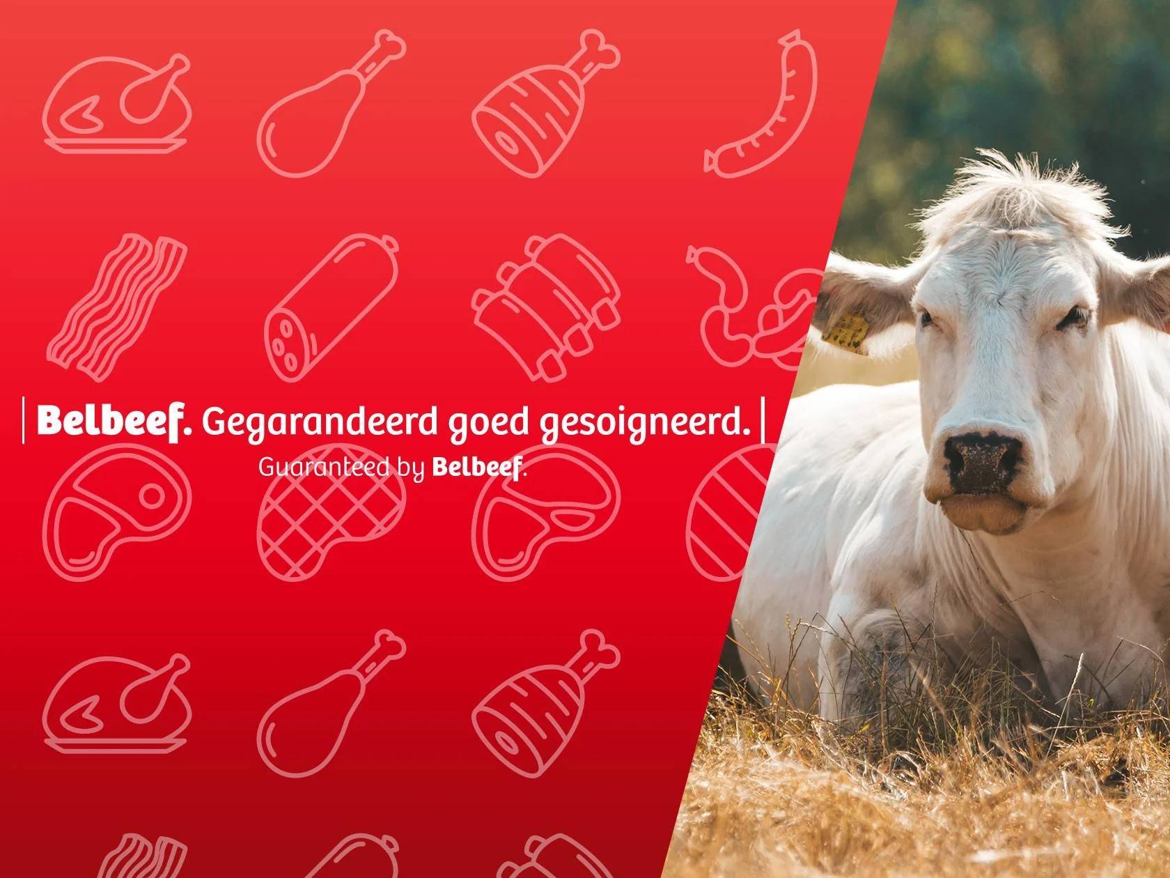Vache blanche dans un champ avec divers produits carnés sur fond rouge. Texte : Garanti bien soigné.