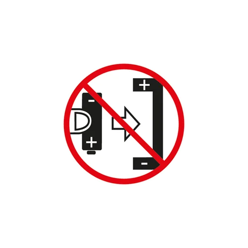 Een verbodsteken dat aangeeft dat een batterij niet in een apparaat mag worden geplaatst.