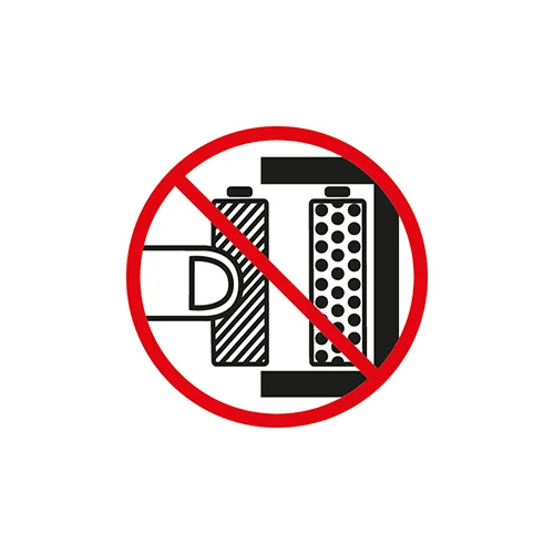 Verbodsteken: geen batterijen aanraken.