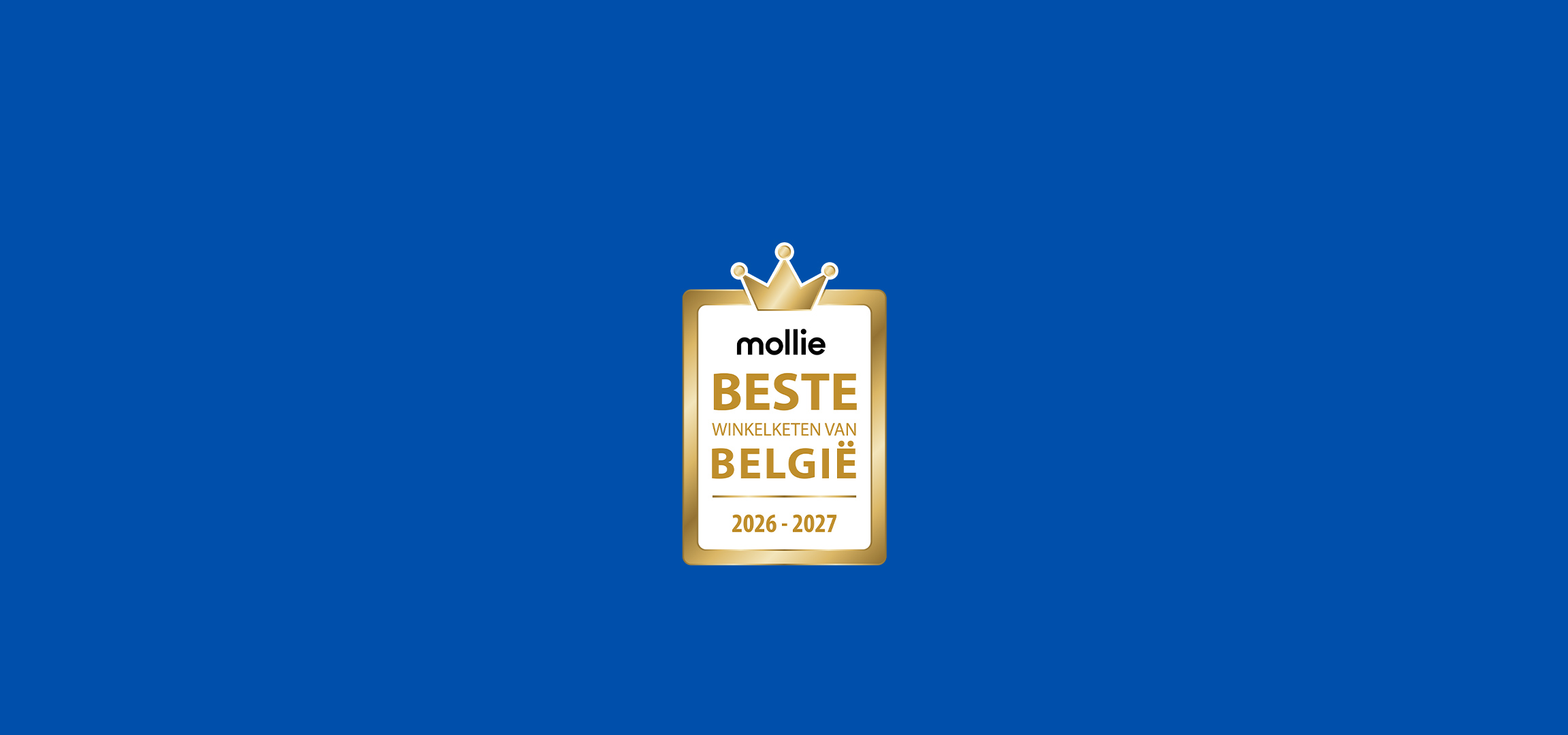 Mollie Beste Winkelketen van België 2026-2027 award op een blauwe achtergrond.