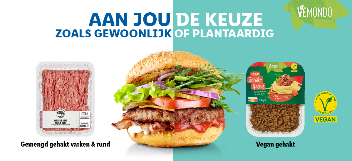 Varkens- en rundvleesgehakt, hamburger, Vemondo vegan gehakt.