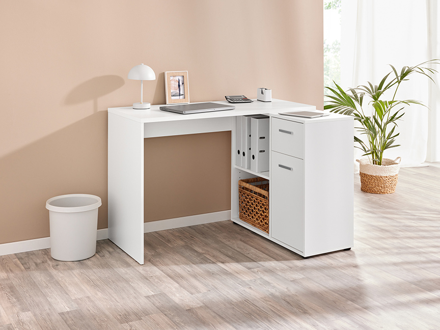Bureau d'angle blanc avec rangement et tiroir.