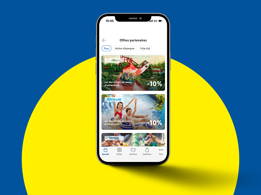 Application mobile affichant des offres promotionnelles sur des billets pour des parcs d'attractions AQUALIBI et Bellewaerde.