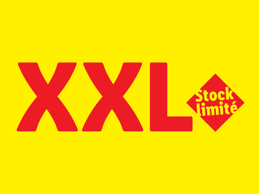 Logo XXL rouge sur fond jaune avec la mention 'Stock limité'.