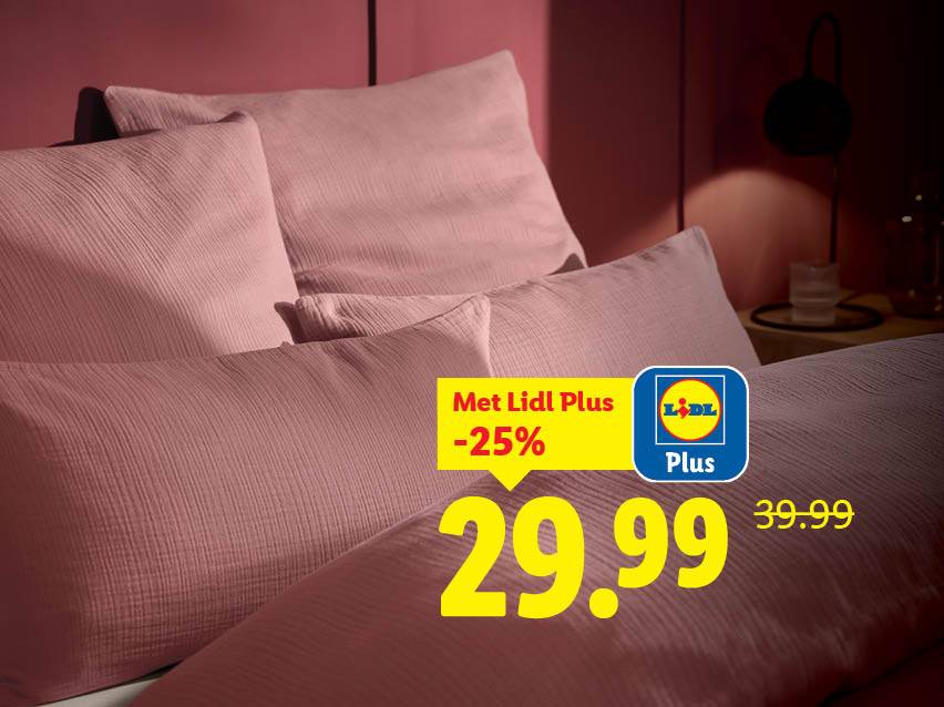 Roze beddengoed met een Lidl Plus aanbieding van 29,99 euro, oorspronkelijk 39,99 euro.