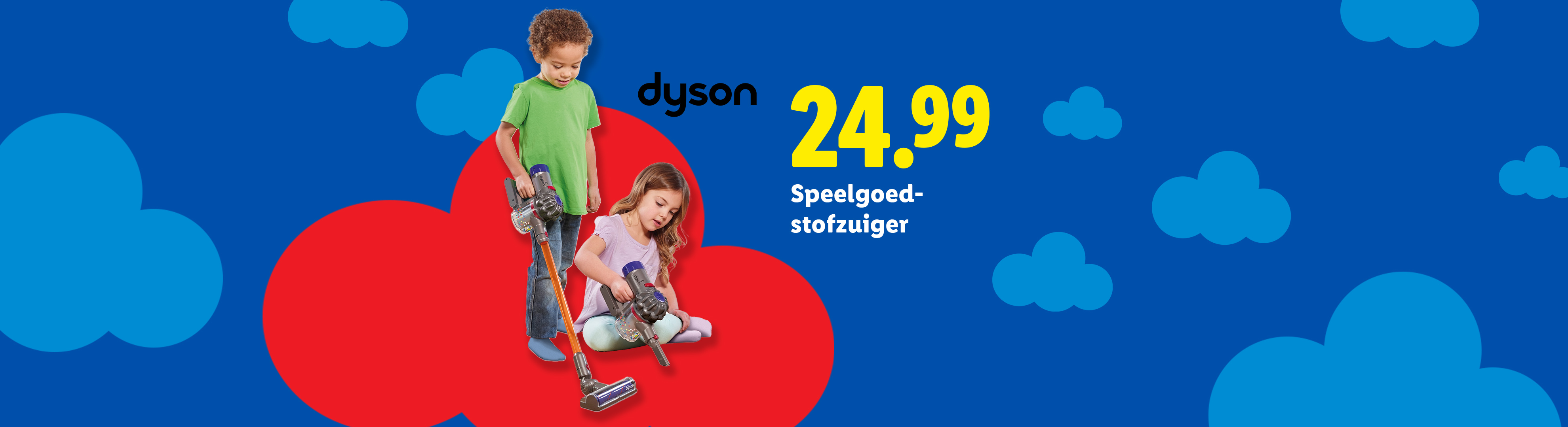Twee kinderen spelen met een speelgoedstofzuiger van Dyson, prijs 24.99.