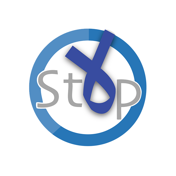Blauw lint en het woord 'Stop' in een cirkel, symbool voor bewustzijn.