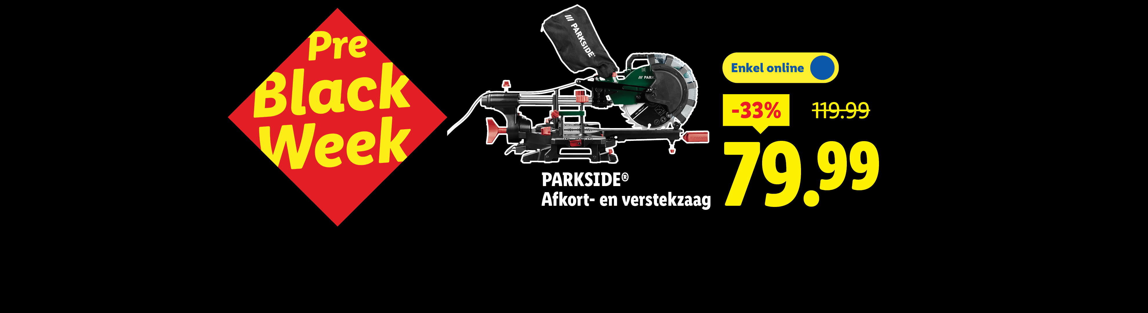 Parkside afkort- en verstekzaag, afgeprijsd van €119,99 naar €79,99 tijdens Pre Black Week.