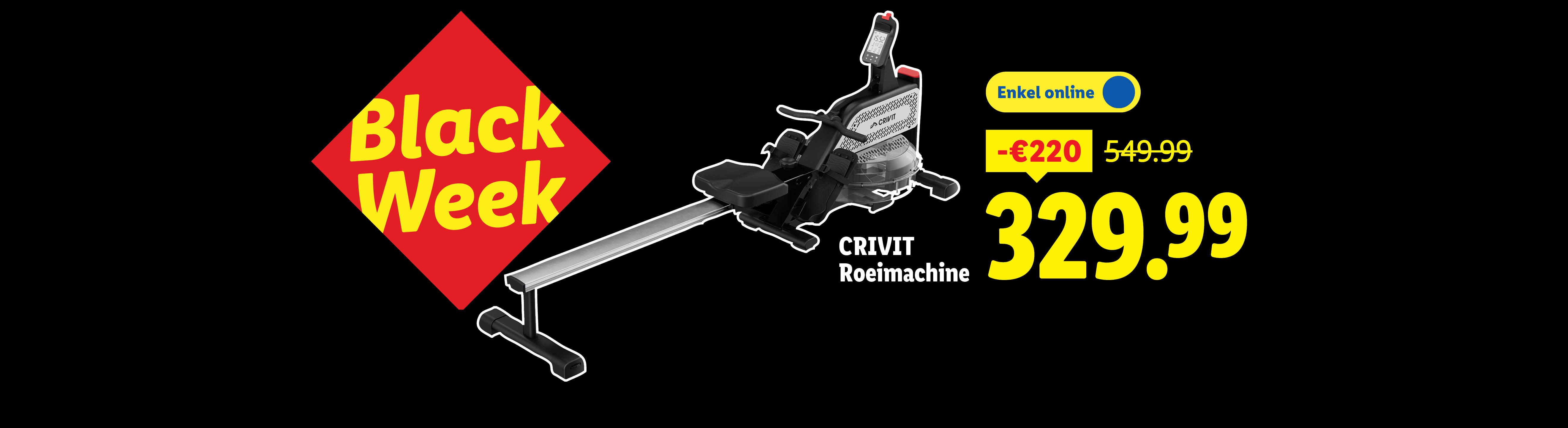 Crivit roeimachine in Black Week aanbieding, afgeprijsd van €549,99 naar €329,99.