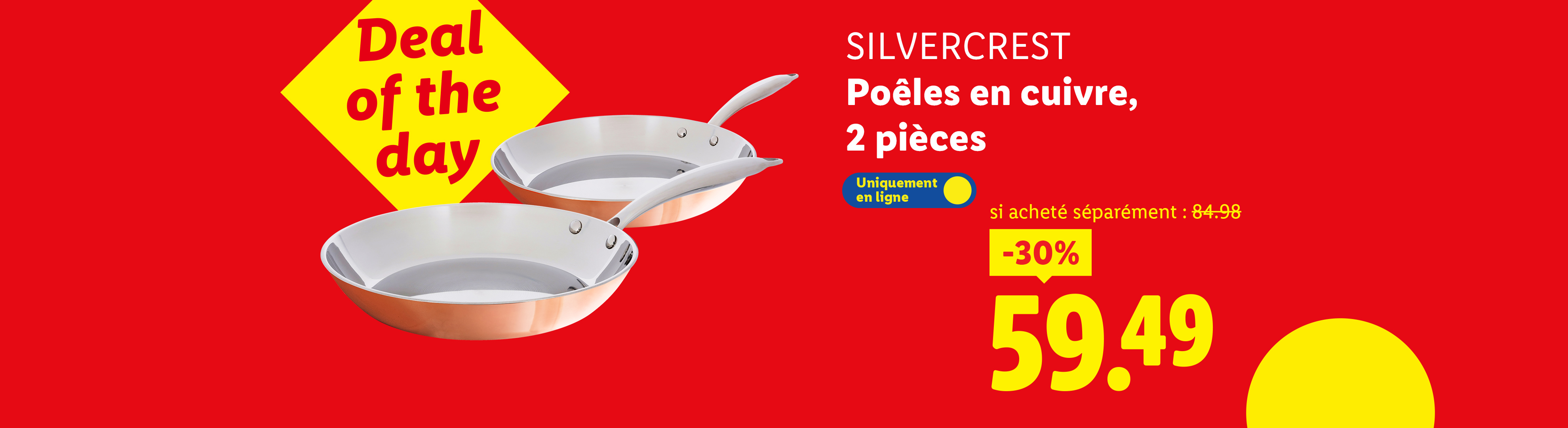 Offre du jour : 2 poêles en cuivre Silvercrest, 30% de réduction, 59,49€.