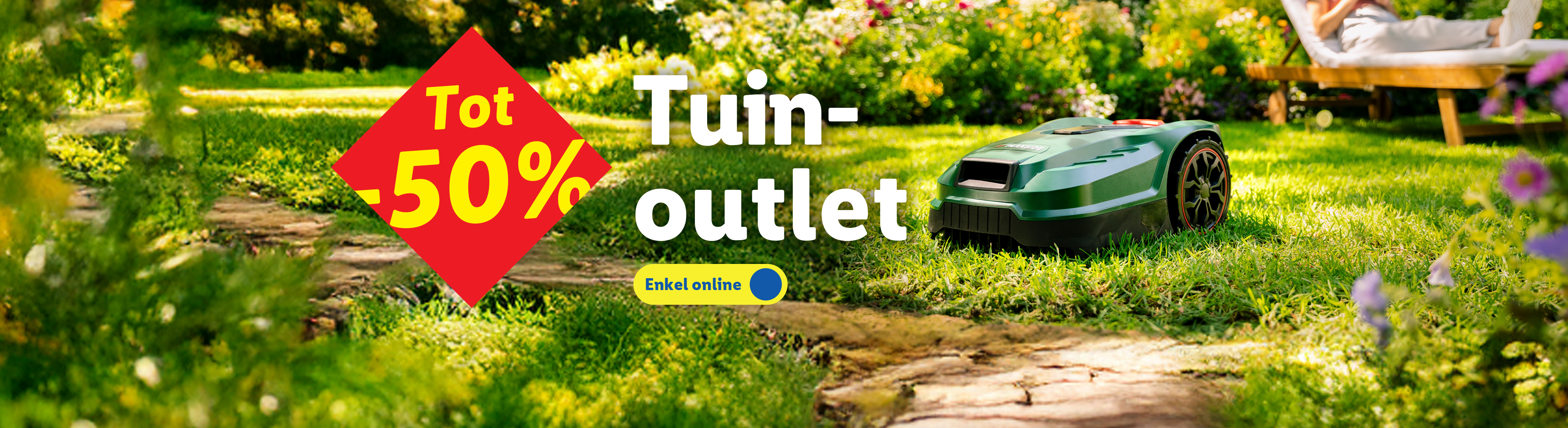 Een robotmaaier in een tuin met de tekst 'Tot -50% Tuin-outlet, Enkel online'.