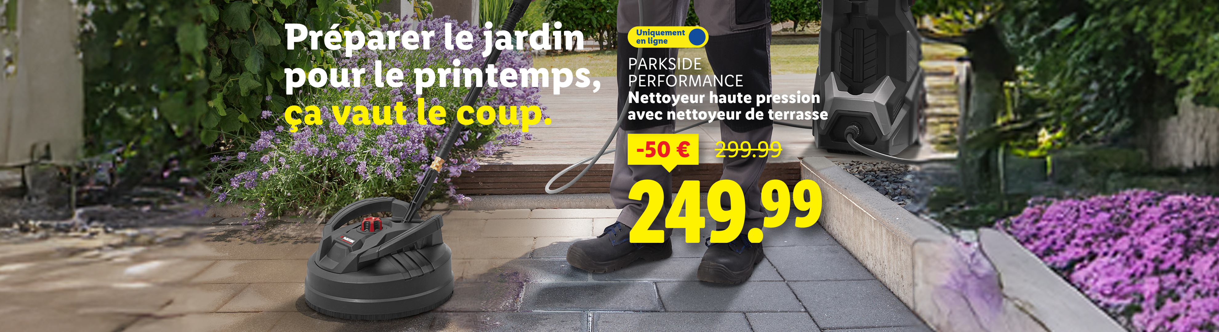 Un nettoyeur haute pression avec nettoyeur de terrasse pour préparer le jardin au printemps, en promotion à 249,99 €.