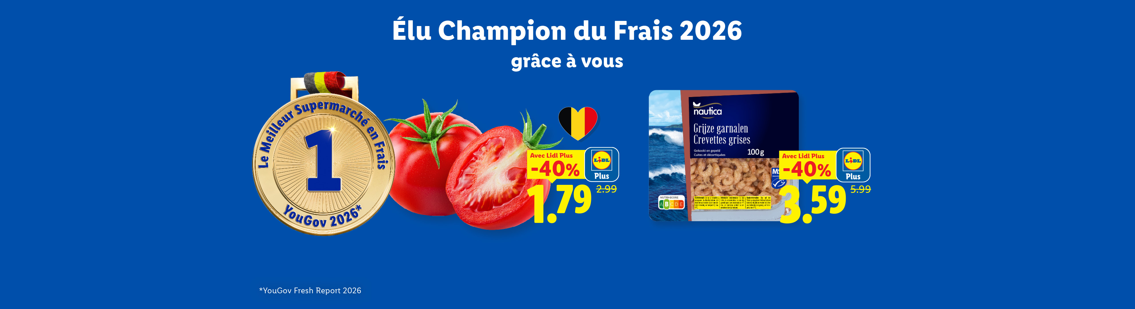 Médaille du meilleur supermarché en produits frais, avec des tomates et des crevettes grises en promotion.