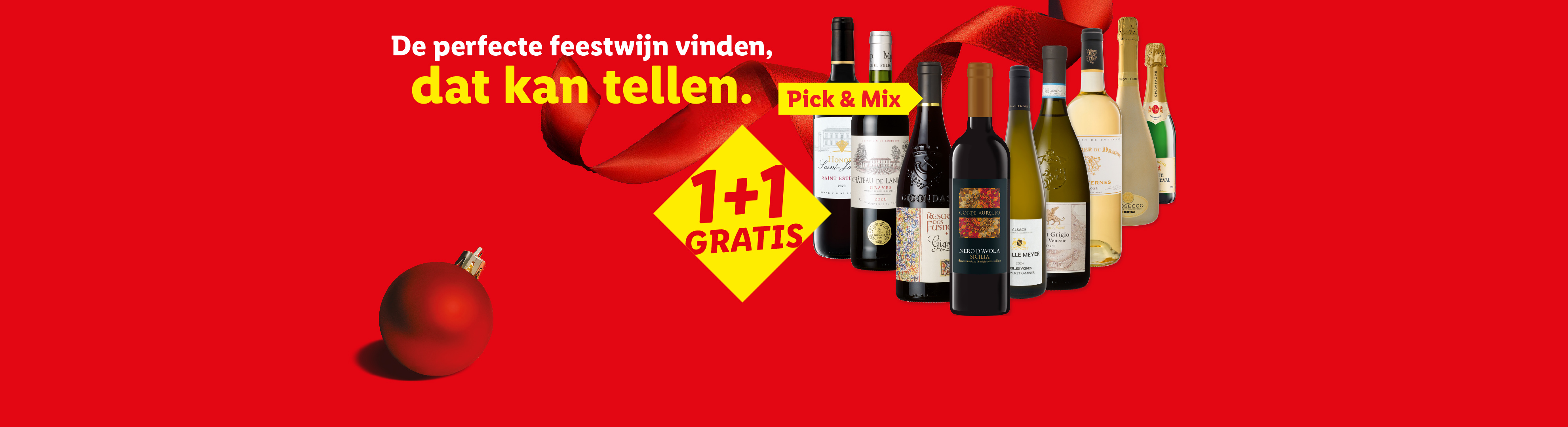 Een selectie van rode en witte wijnen, prosecco en champagne met een 1+1 gratis aanbieding.