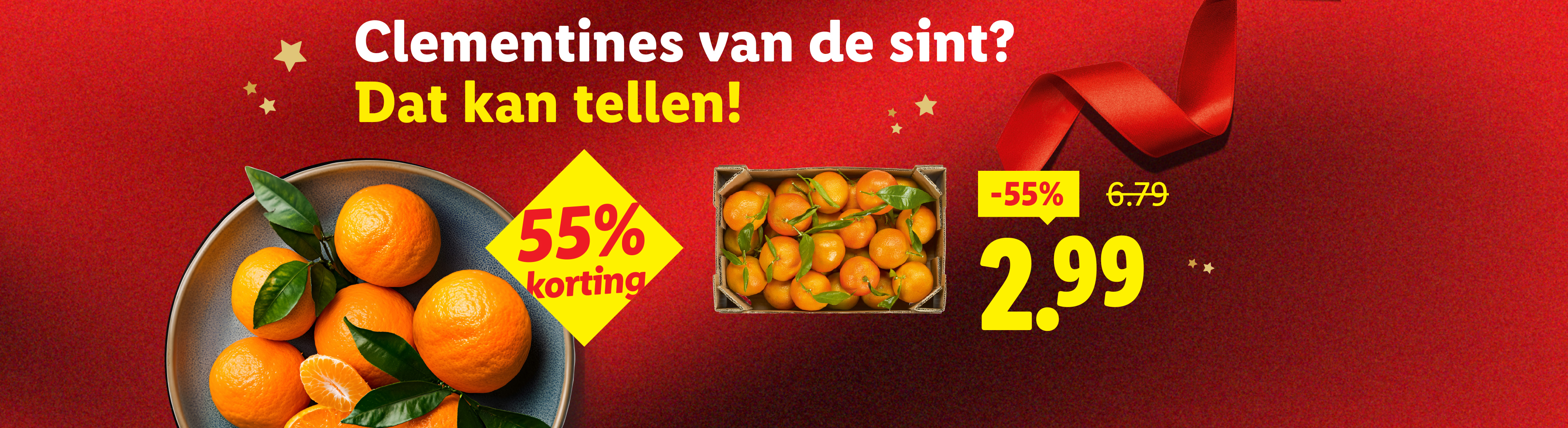 Advertentie voor mandarijnen met 55% korting, nu €2,99, op een rode achtergrond.