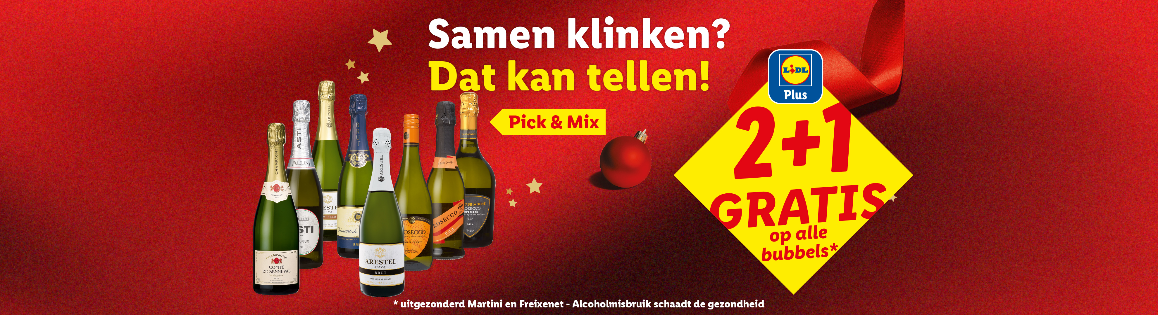 Lidl aanbieding: 2+1 gratis op alle bubbels, inclusief champagne, cava en prosecco.