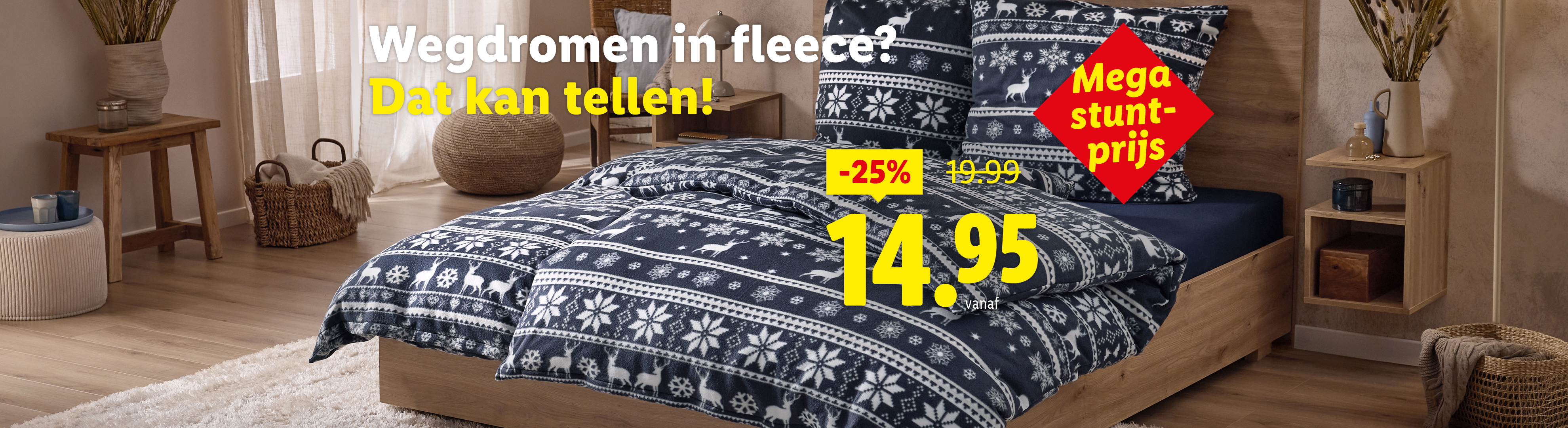 Fleece dekbedovertrek met rendier- en sneeuwvlokpatroon, afgeprijsd van €19,99 naar €14,95.