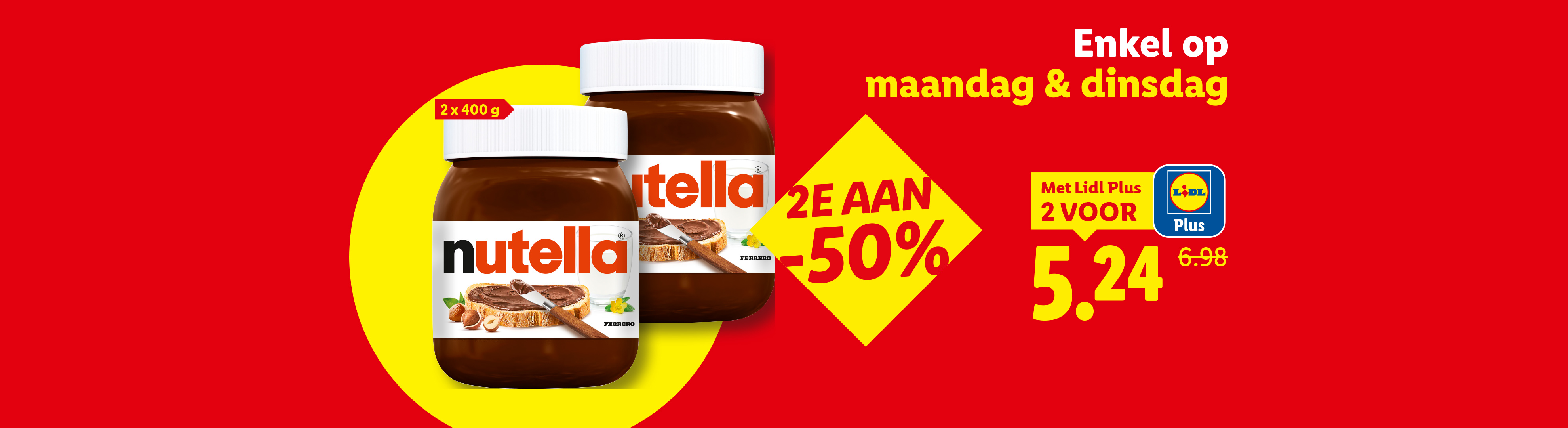 Twee potten chocoladepasta, met een speciale aanbieding van 2 voor €5,24.