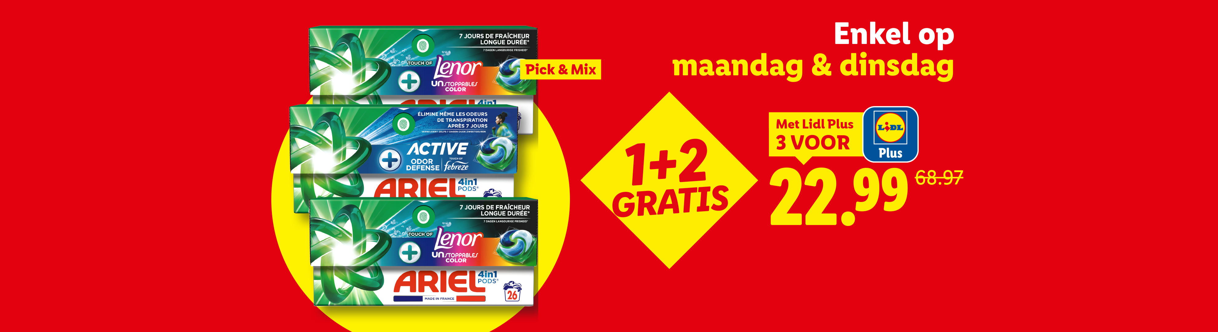 Waspods in de aanbieding: 1+2 gratis, 3 voor €22,99 met Lidl Plus, geldig op maandag en dinsdag.