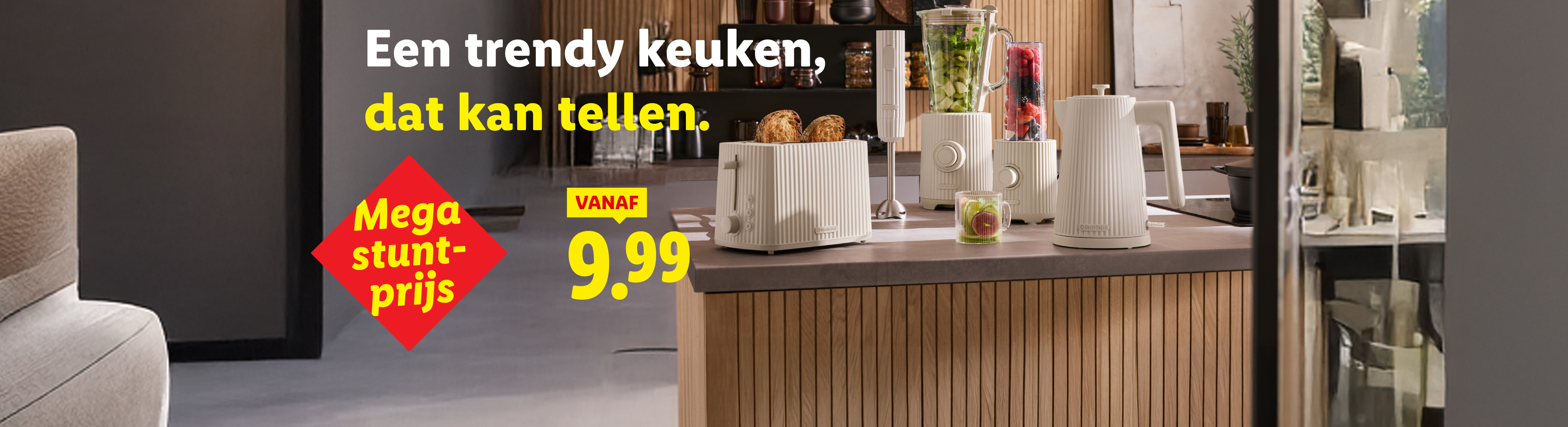 Trendy keuken met beige broodrooster, blender en waterkoker, vanaf 9,99 euro.