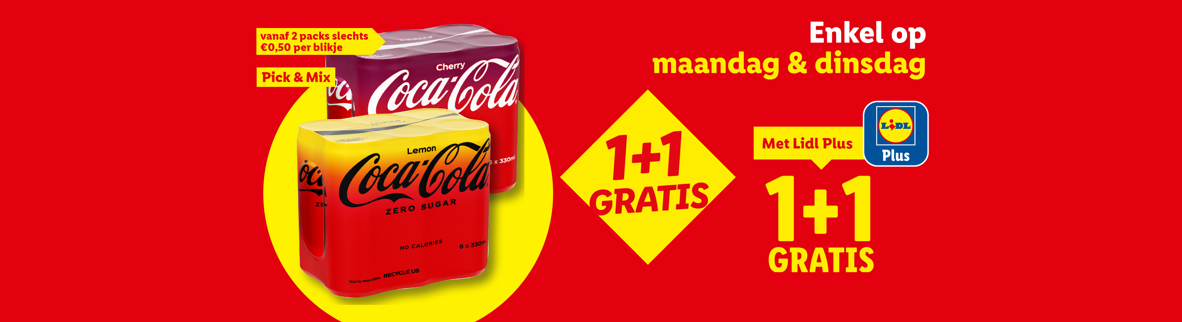 Twee multipacks frisdrank, één kers en één citroen, met een 1+1 gratis aanbieding op maandag en dinsdag met Lidl Plus.