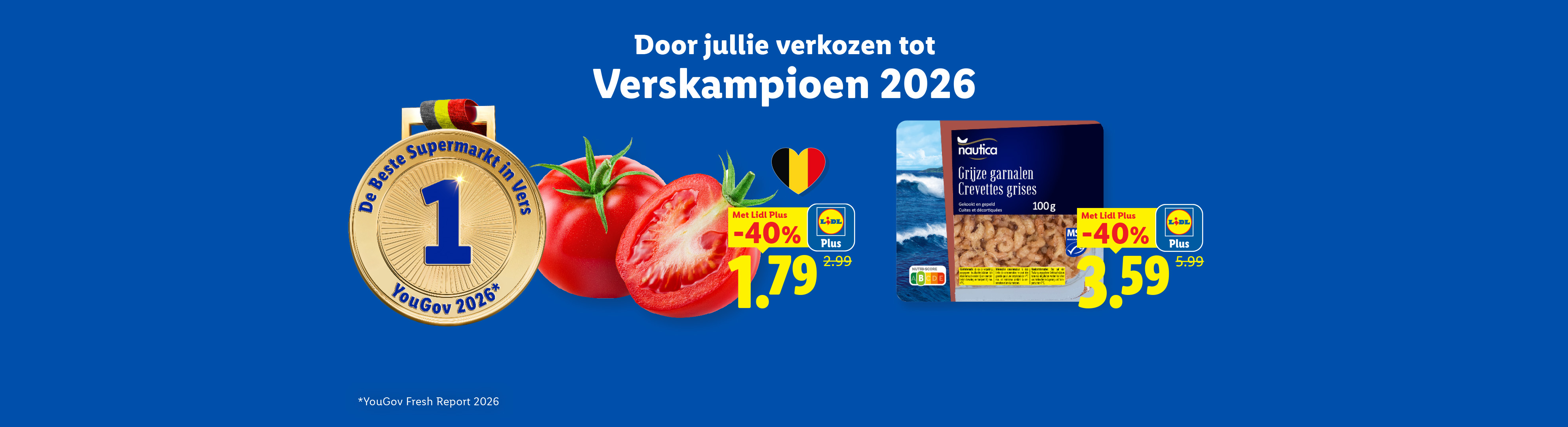 Een gouden medaille voor 'Beste Supermarkt in Vers' met tomaten en grijze garnalen, beide met 40% korting via Lidl Plus.