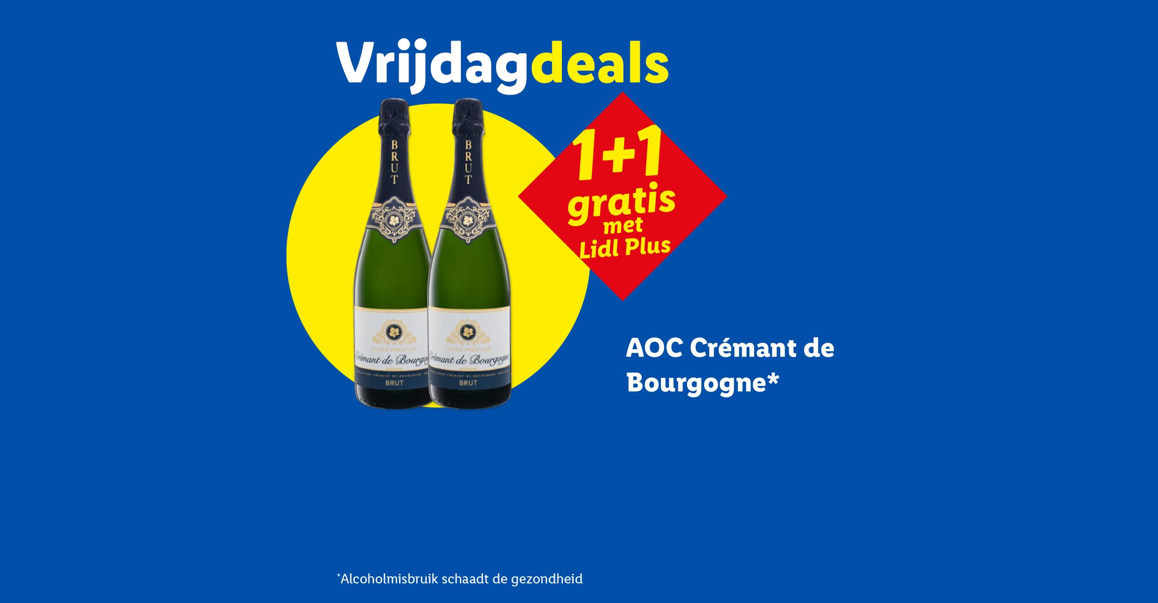 1+1 gratis aanbieding op twee flessen Crémant de Bourgogne, met de tekst 'Vrijdagdeals'.