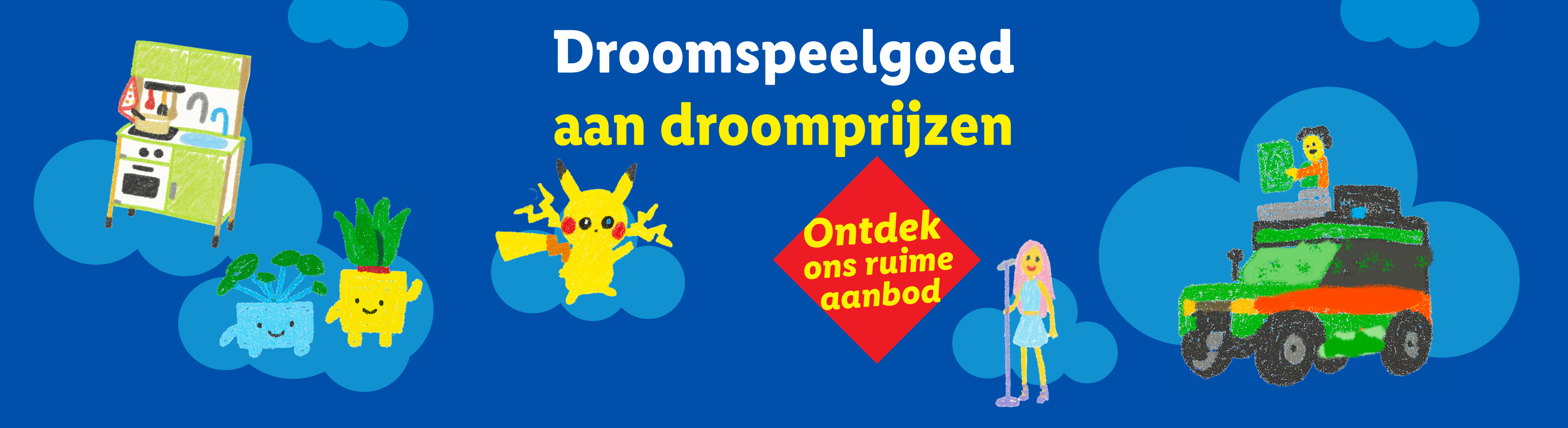 Speelgoedkeuken, planten, Pikachu, pop en jeep op een blauwe achtergrond.