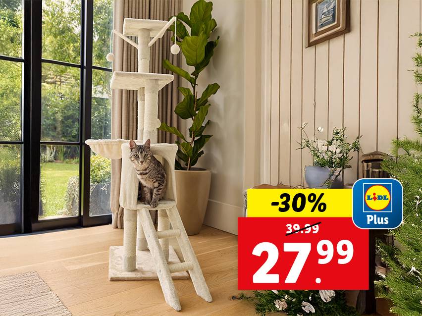 Lidl Plus aanbieding: -30% korting op een beige kattenboom met een kat erop.