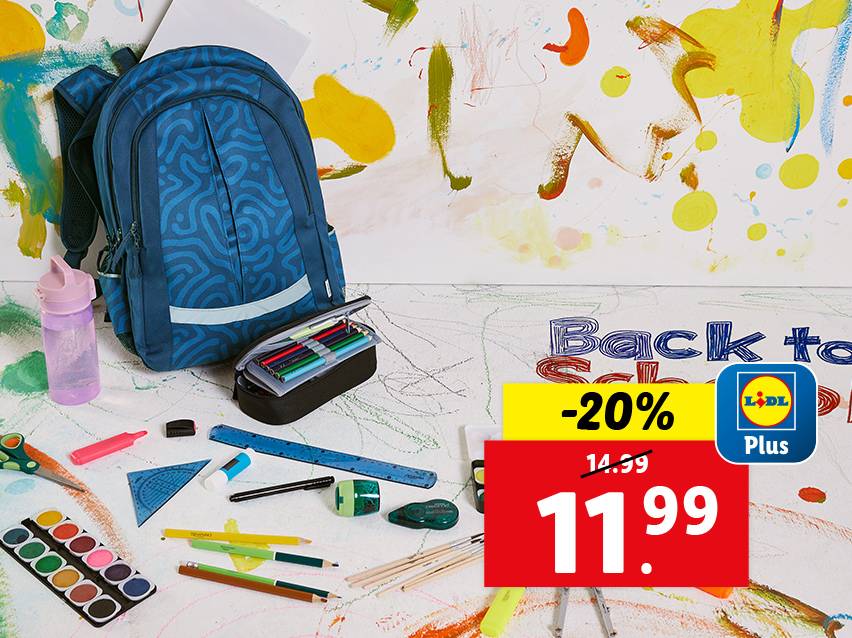 Lidl Plus aanbieding: -20% korting op schooltassen en -benodigdheden.