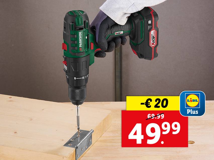 Een Parkside X 20V Team accuboormachine in actie, met een Lidl-aanbieding.