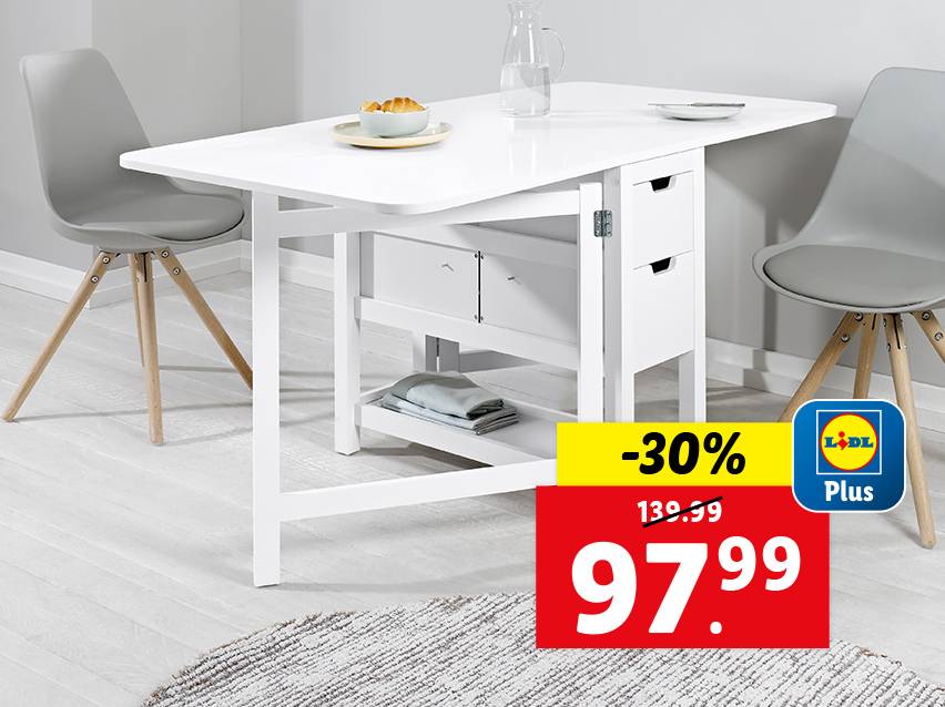 Witte opklapbare Lidl Plus tafel met twee grijze stoelen, -30%.