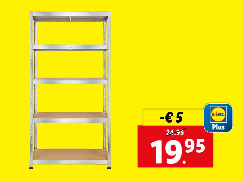 Een metalen rek met vijf planken en een Lidl Plus-prijs van €19,95.