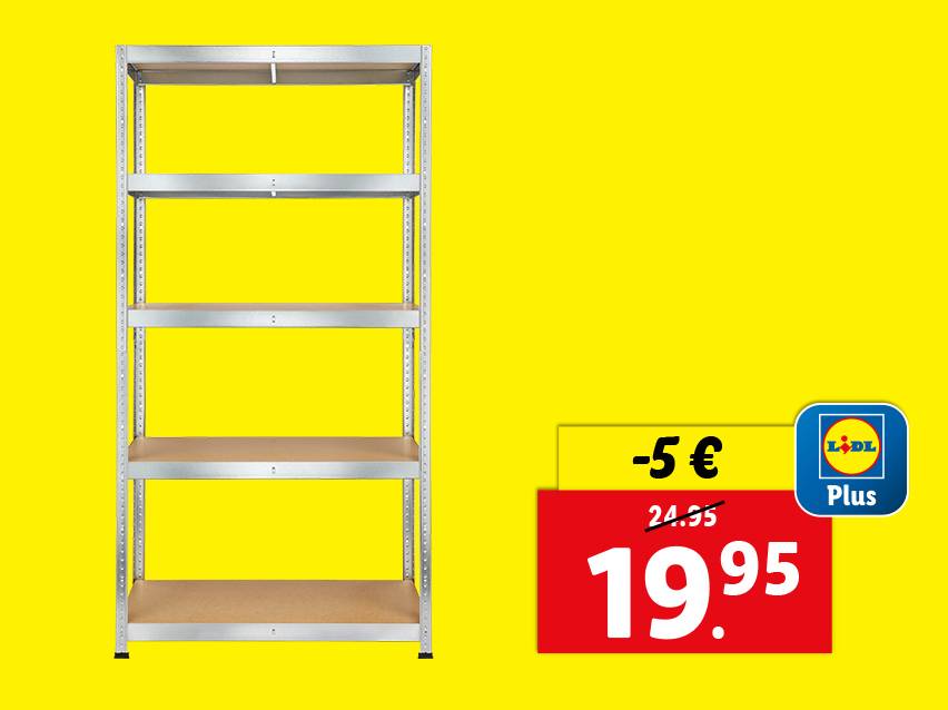 Étagère de rangement métallique avec une offre promotionnelle Lidl Plus.