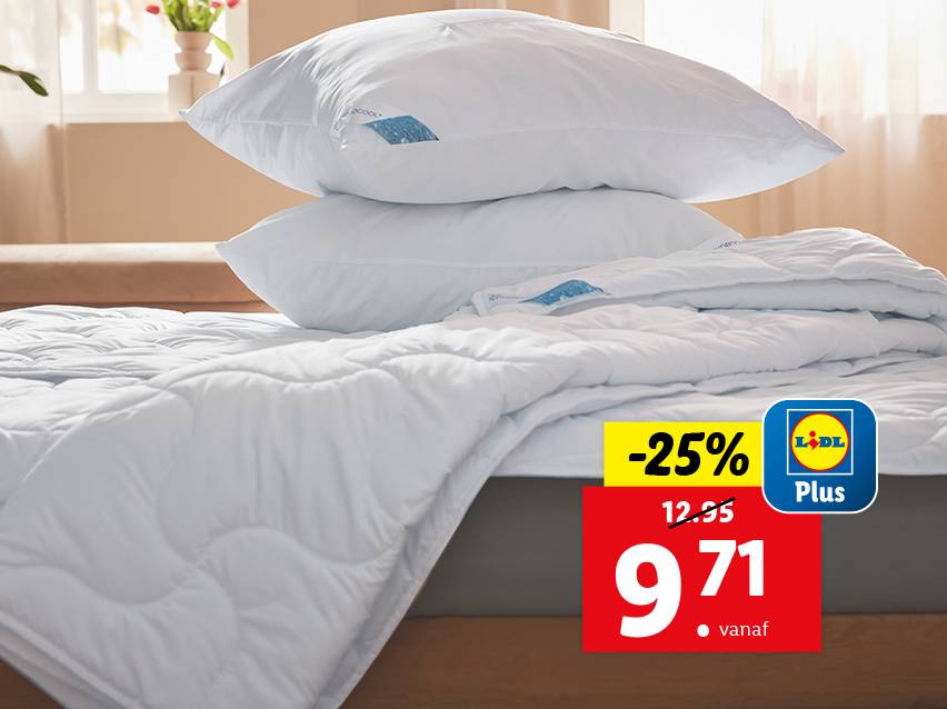 Lidl Plus dekbed en kussens met 25% korting, vanaf €9,71.