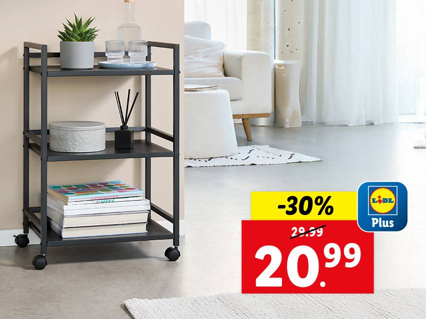 Lidl Plus aanbieding: -30% korting op een zwart metalen 3-laags opbergkarretje.
